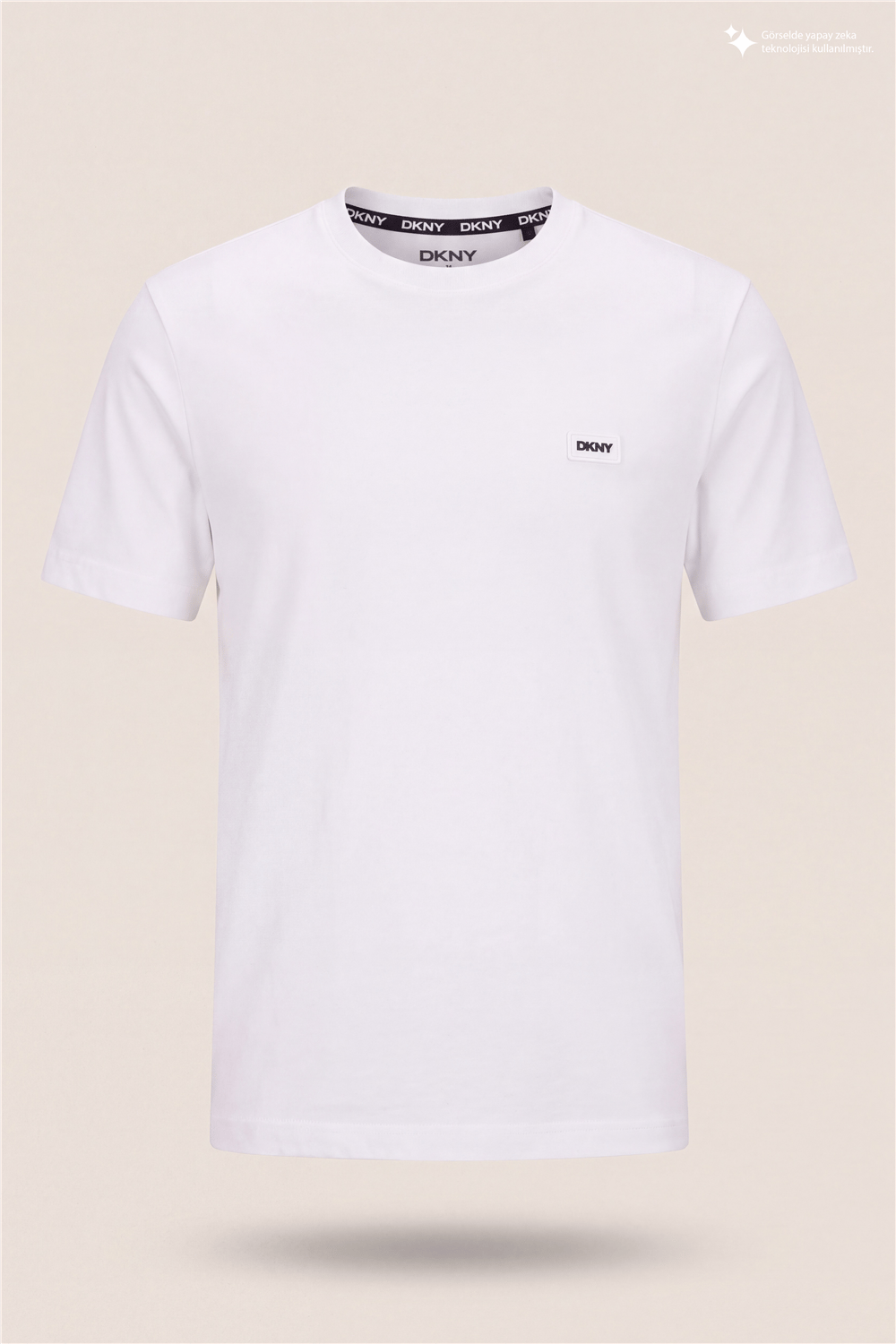 DKNY Silicone Logo Patch Tee Erkek Bisiklet Yaka T-Shirt Beyaz