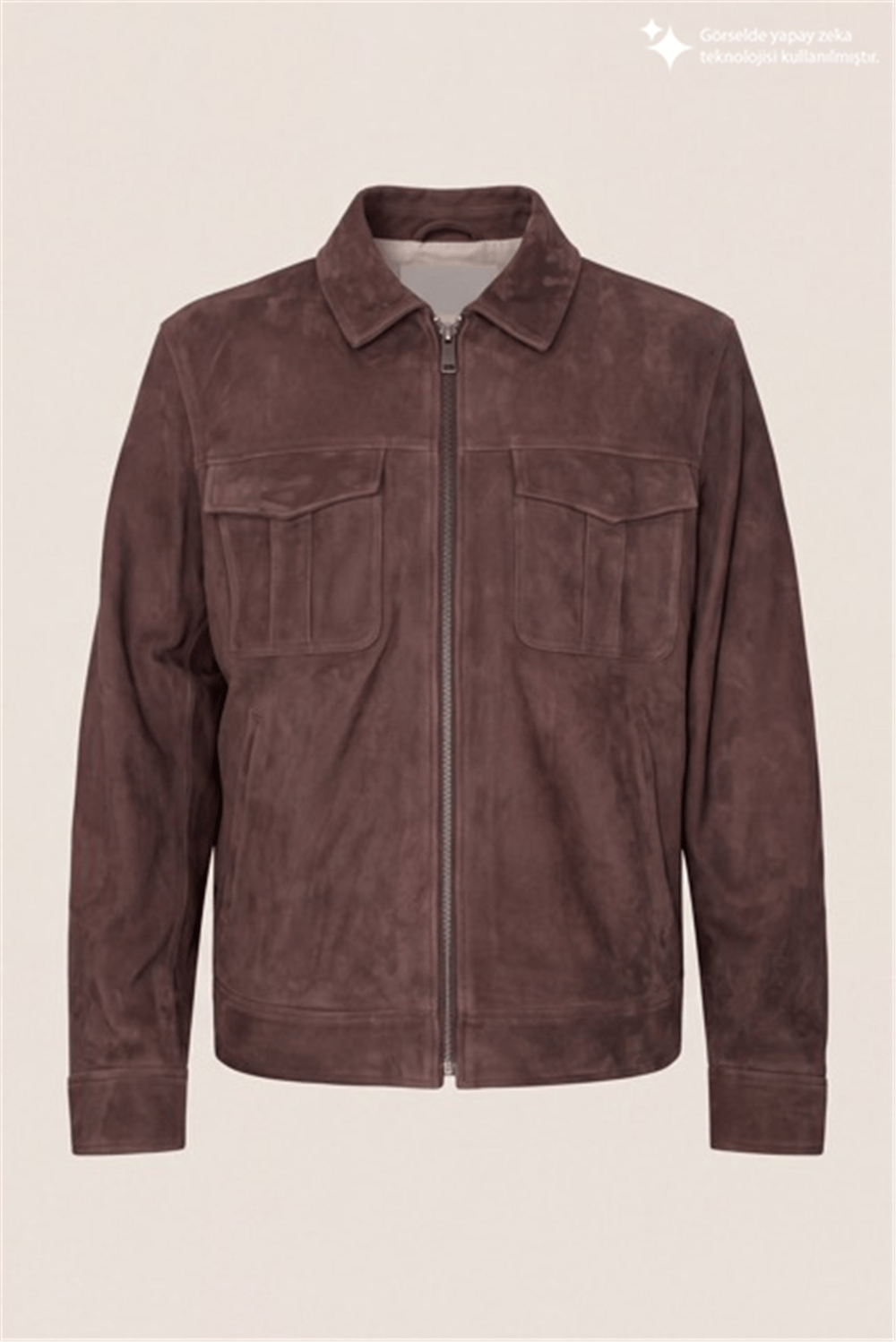 DKNY Suede Leather Zip Overshirt Erkek Deri Mont Kahverengi