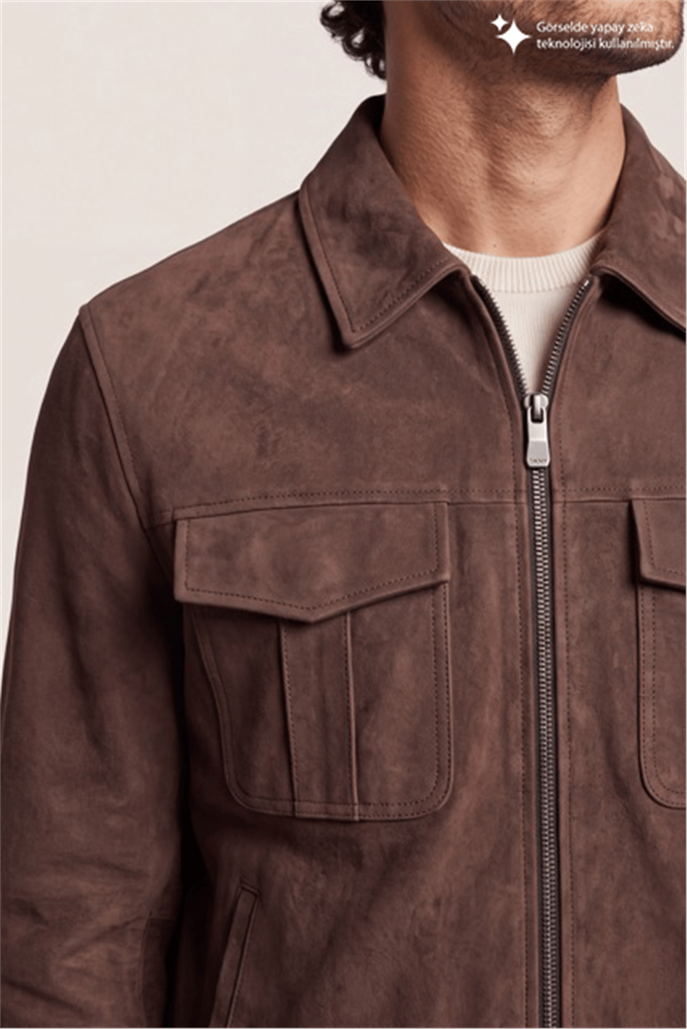 DKNY Suede Leather Zip Overshirt Erkek Deri Mont Kahverengi