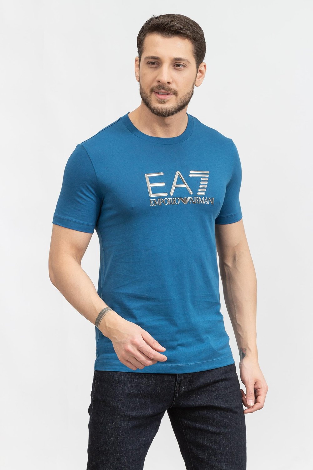 EA7 Erkek Bisiklet Yaka T-Shirt Mavi