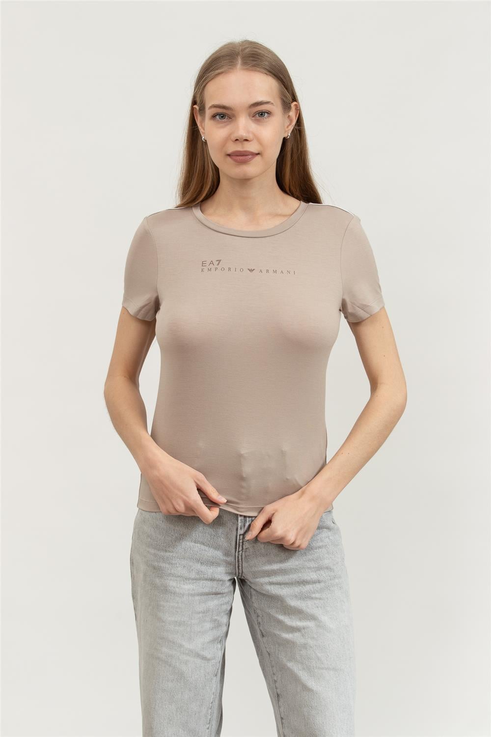 EA7 Kadın Bisiklet Yaka T-Shirt Taş Rengi