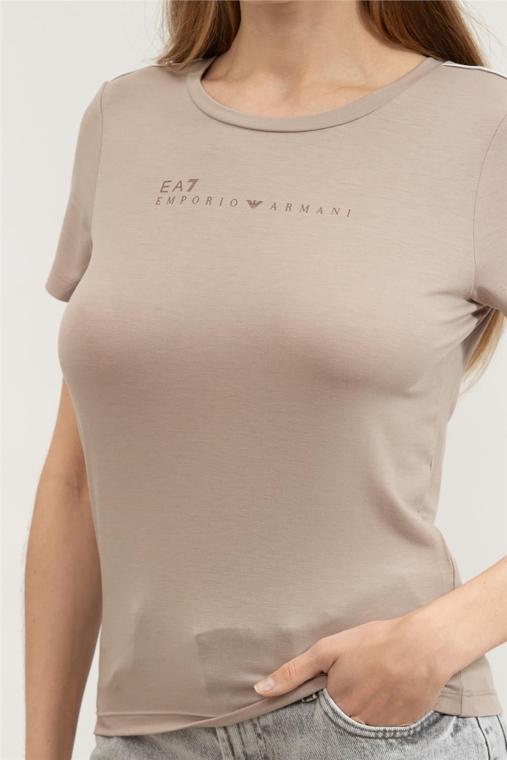 EA7 Kadın Bisiklet Yaka T-Shirt Taş Rengi