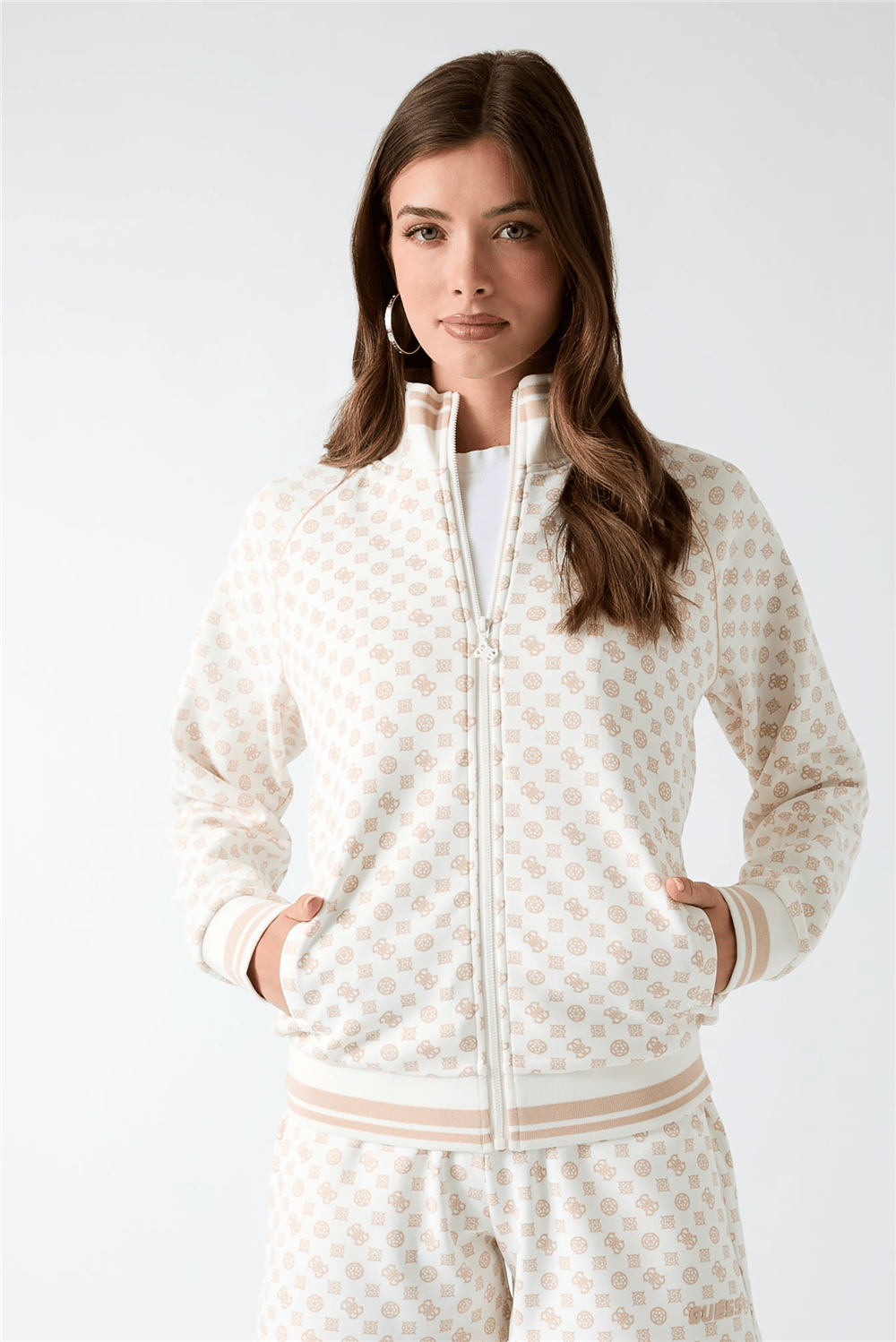 Guess Aggie Kadın Aktif Scuba Fermuarlı Sweatshirt Krem