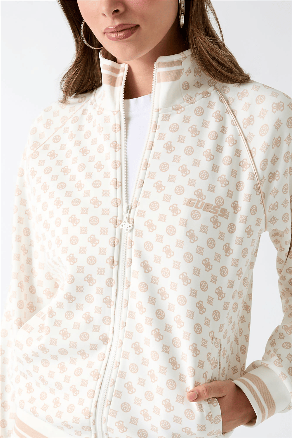 Guess Aggie Kadın Aktif Scuba Fermuarlı Sweatshirt Krem