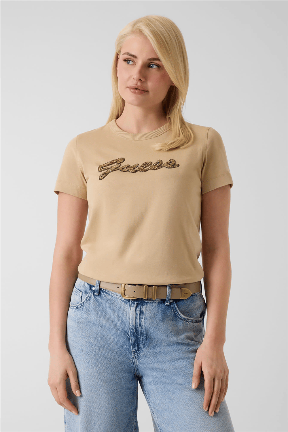 Guess Beads Kadın Regular Fit Bisiklet Yaka T-Shirt