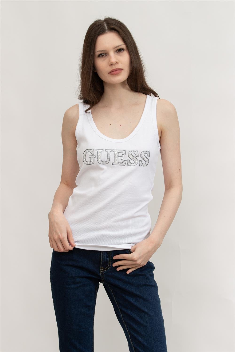 Guess Kadın Bisiklet Yaka T-Shirt Beyaz