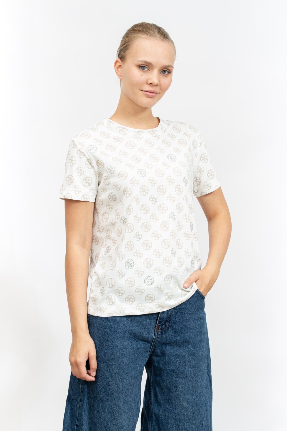 Guess Kadın Bisiklet Yaka T-Shirt Bej