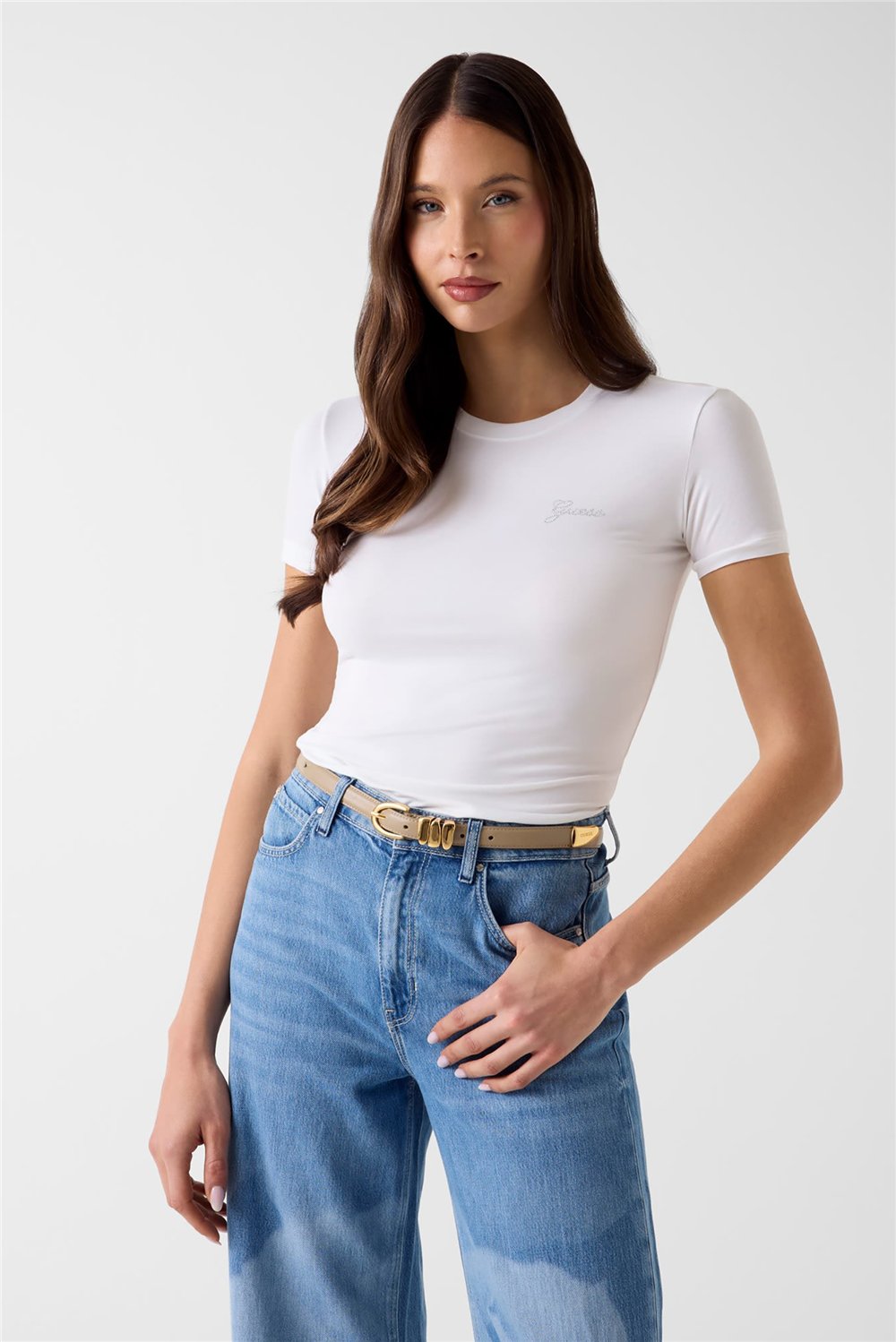Guess Miny Kadın Modal Slim Fit Bisiklet Yaka T-Shirt Beyaz
