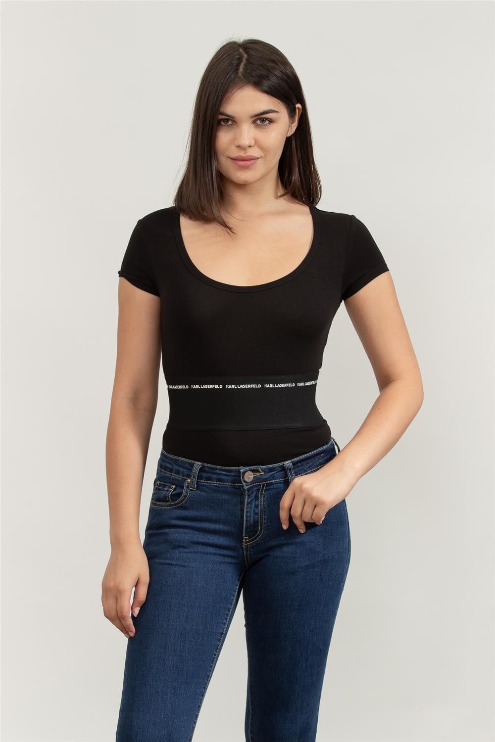 Karl Lagerfeld Branded Kadın Bisiklet Yaka T-Shirt Siyah