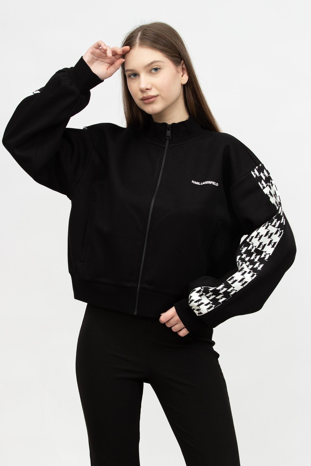 Karl Lagerfeld Double Jersey Kadın Fermuarlı Sweatshirt Siyah