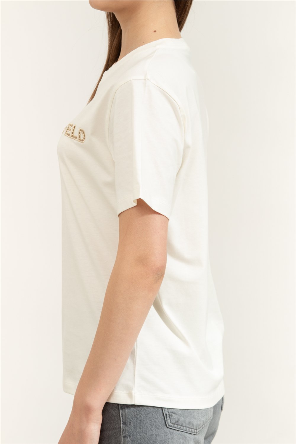 Karl Lagerfeld Embroidery Detail T-Shirt Kadın Bisiklet Yaka T-Shirt Krem