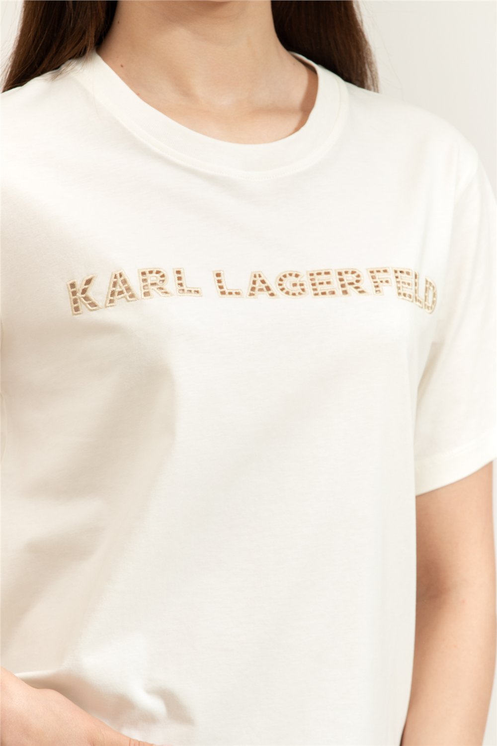 Karl Lagerfeld Embroidery Detail T-Shirt Kadın Bisiklet Yaka T-Shirt Krem