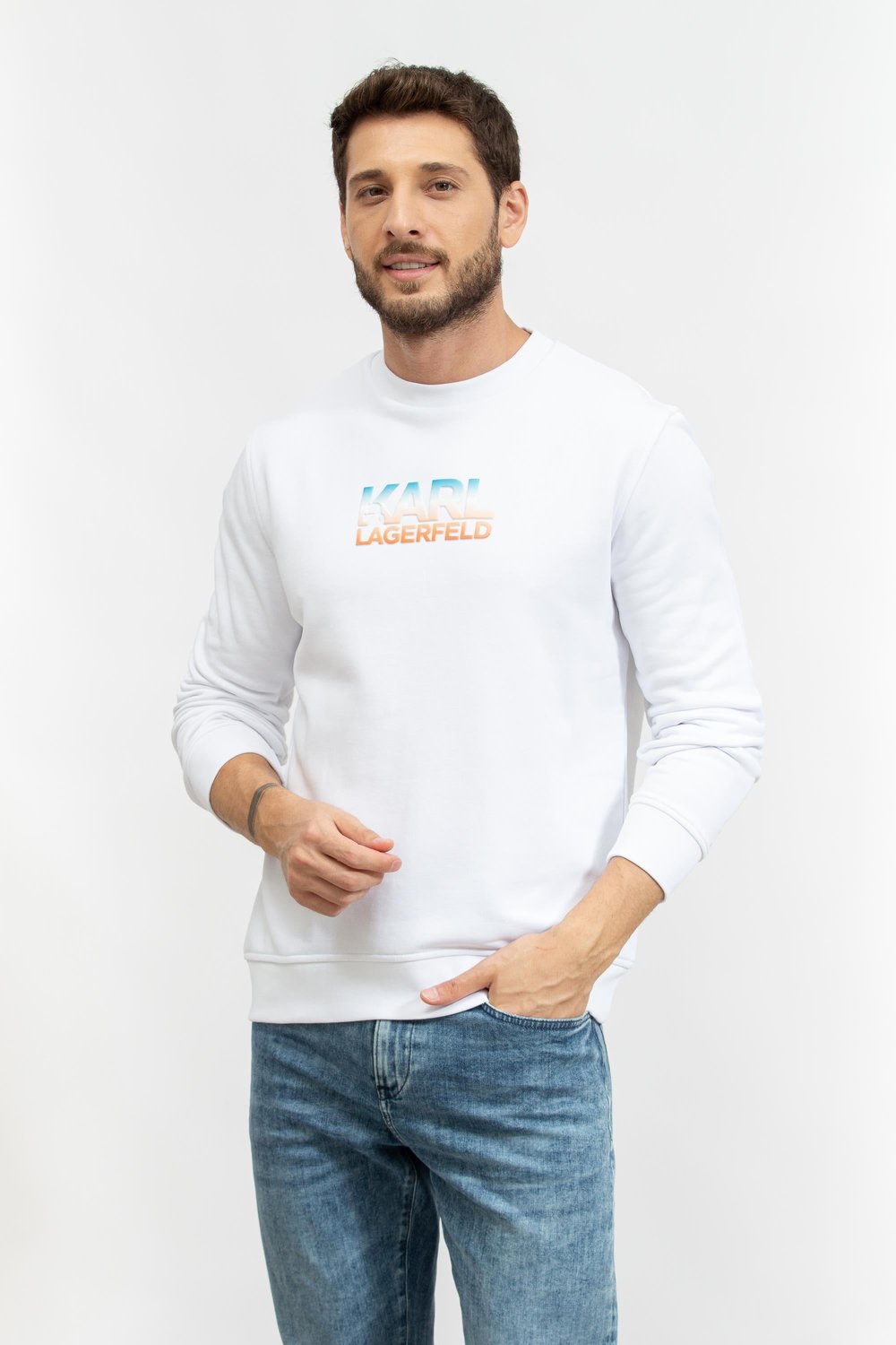 Karl Lagerfeld Erkek Bisiklet Yaka Sweatshirt Beyaz