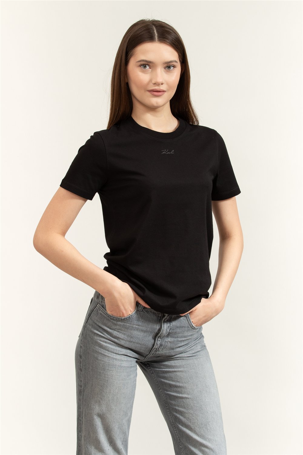 Karl Lagerfeld Essential Regular T-Shirt Kadın Bisiklet Yaka T-Shirt Siyah