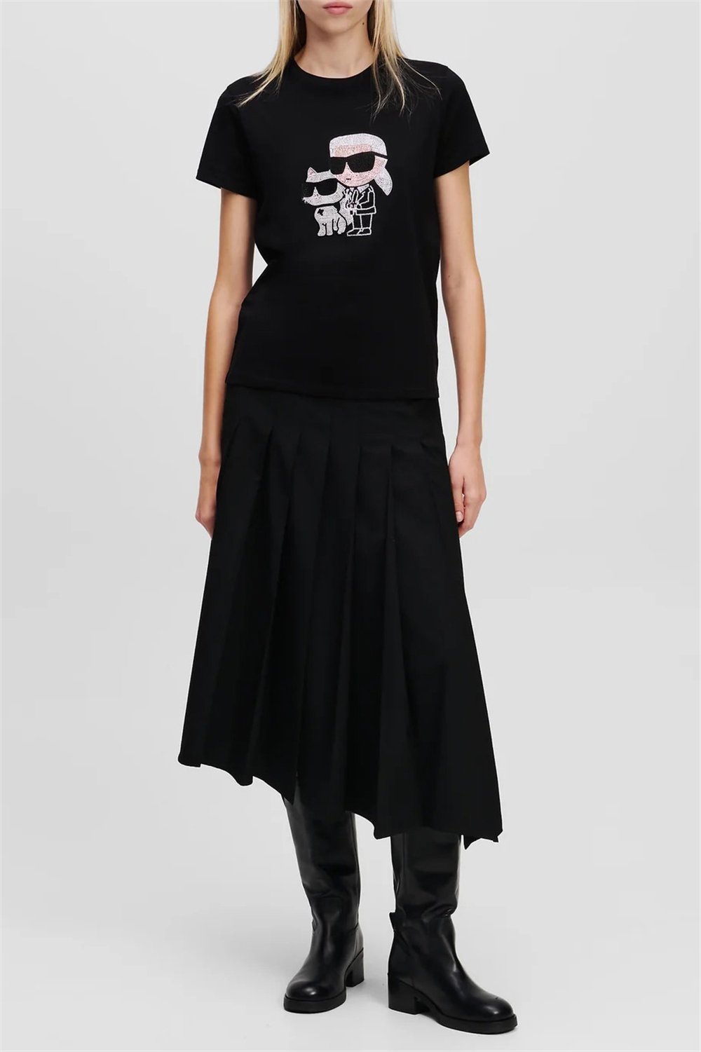 Karl Lagerfeld Ikon Rs Duo Kadın Bisiklet Yaka T-Shirt Siyah