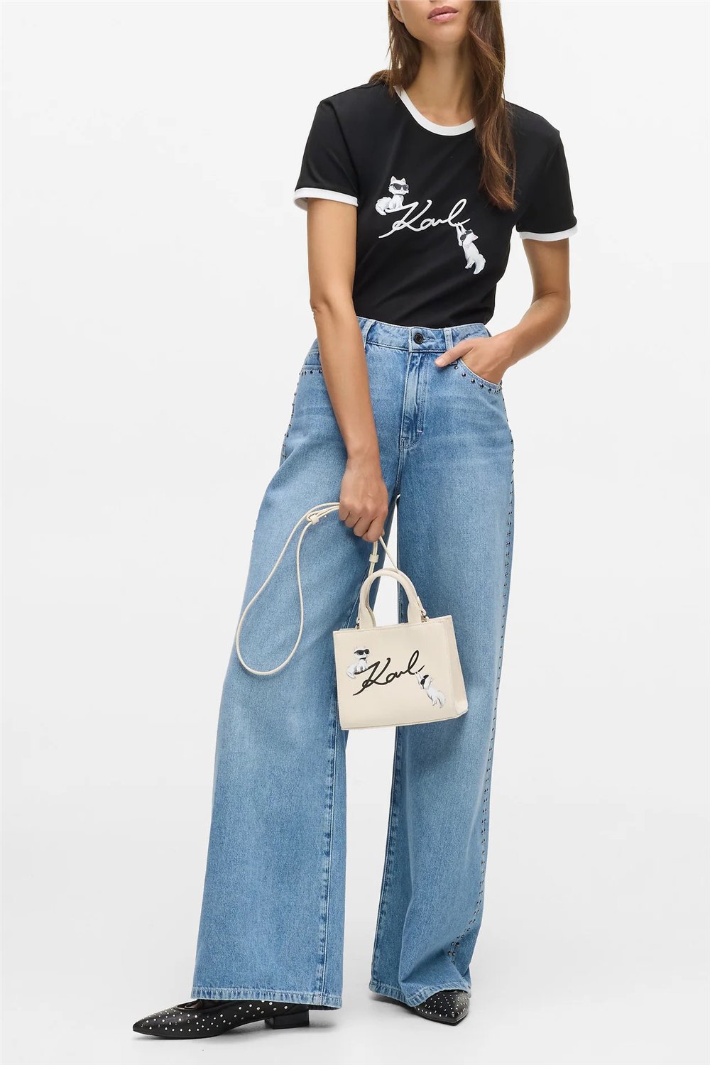 Karl Lagerfeld Ikon Signature Choupette Tee Kadın Bisiklet Yaka T-Shirt Siyah