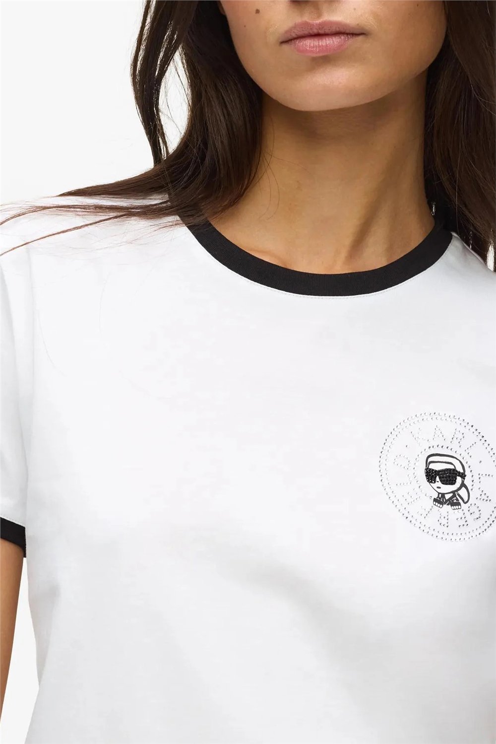 Karl Lagerfeld ikon Small Circle T-Shirt Kadın Bisiklet Yaka T-Shirt Siyah