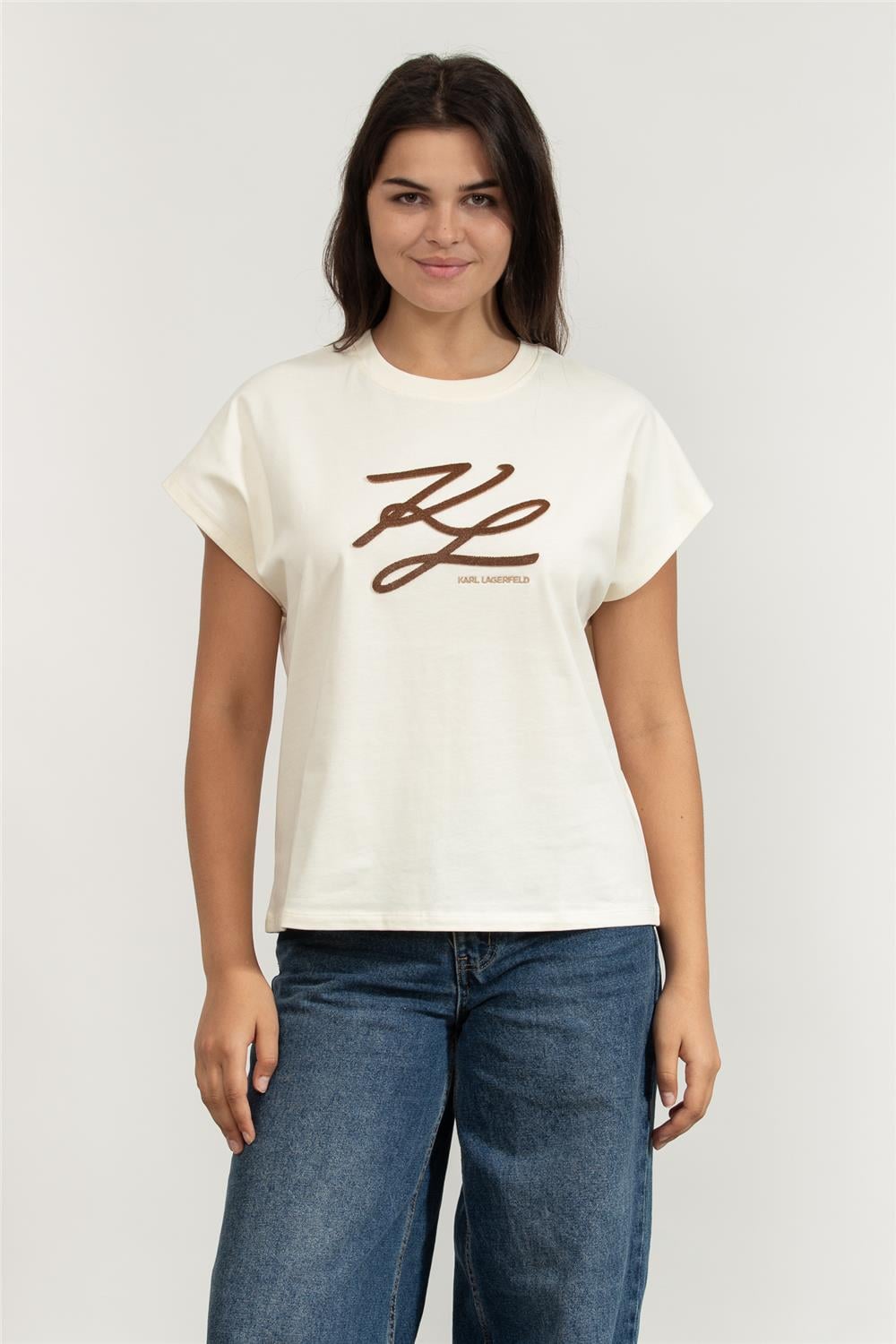 Karl Lagerfeld Kadın Bisiklet Yaka T-Shirt Krem