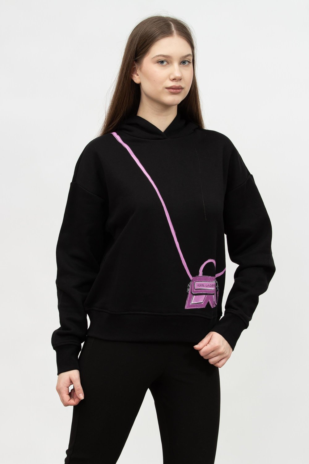 Karl Lagerfeld Logo Kadın Kapüşonlu Sweatshirt Siyah