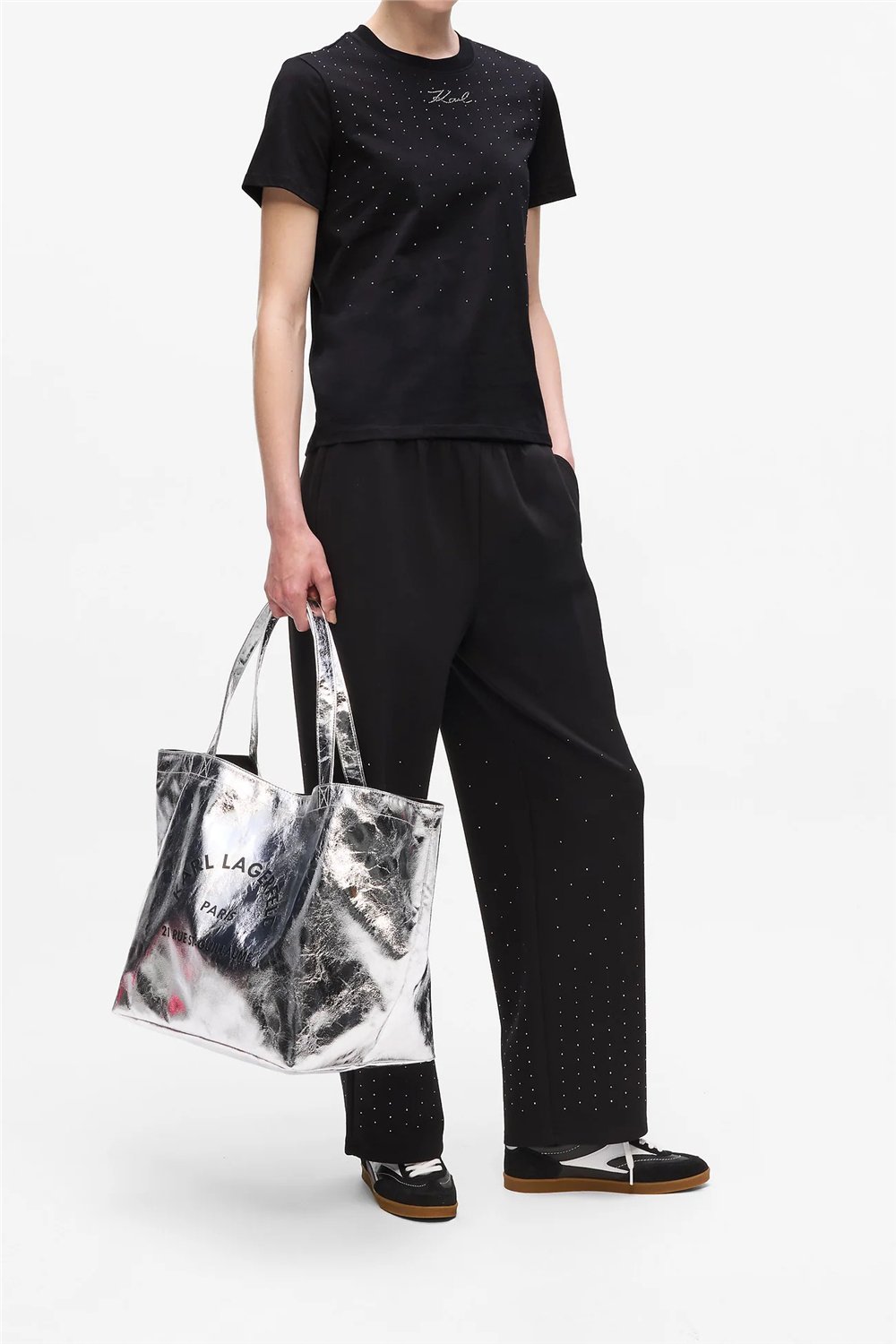 Karl Lagerfeld Rhinestone Rain Kadın Bisiklet Yaka T-Shirt Siyah