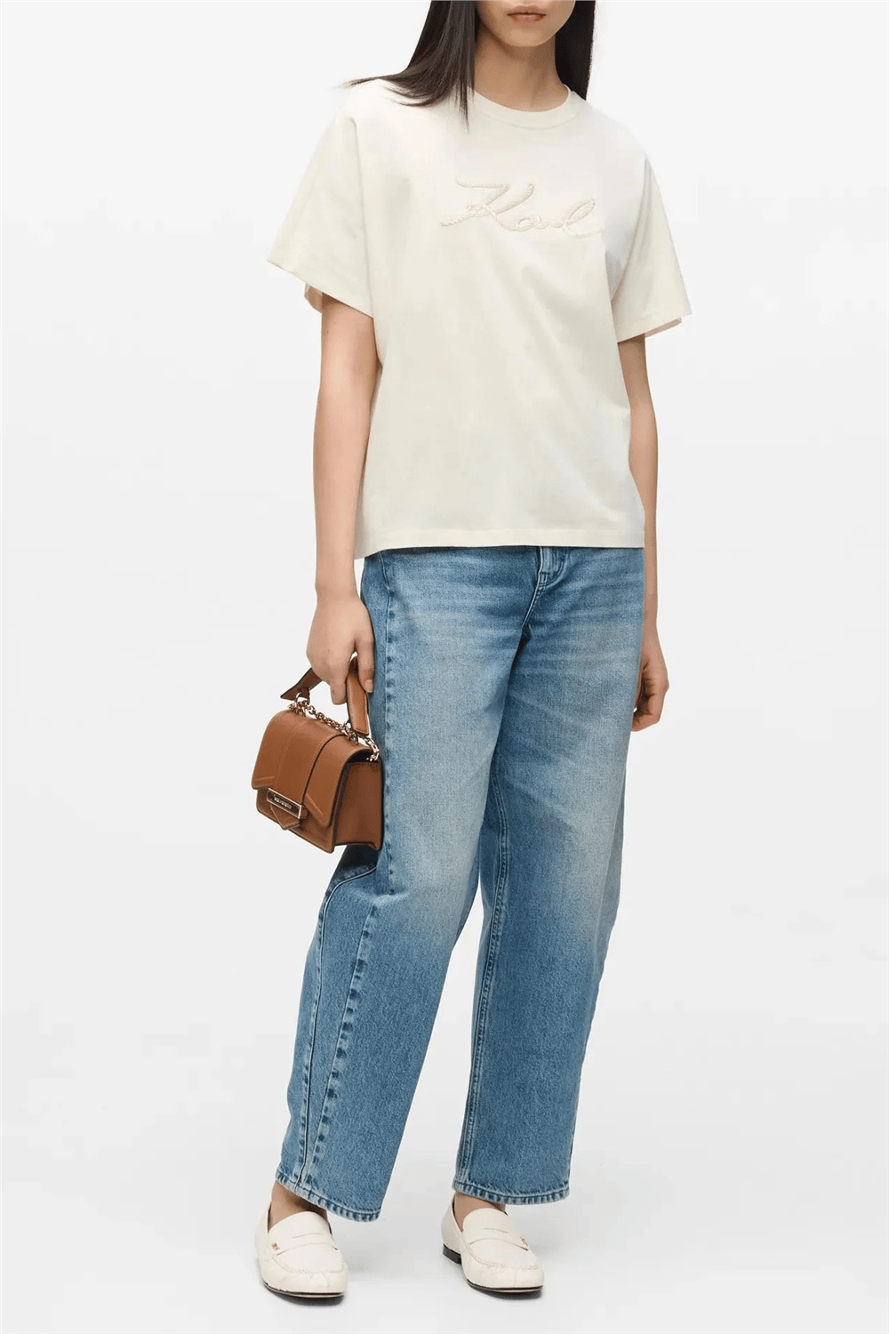 Karl Lagerfeld Rope Logo T-Shirt Kadın Bisiklet Yaka T-Shirt Krem