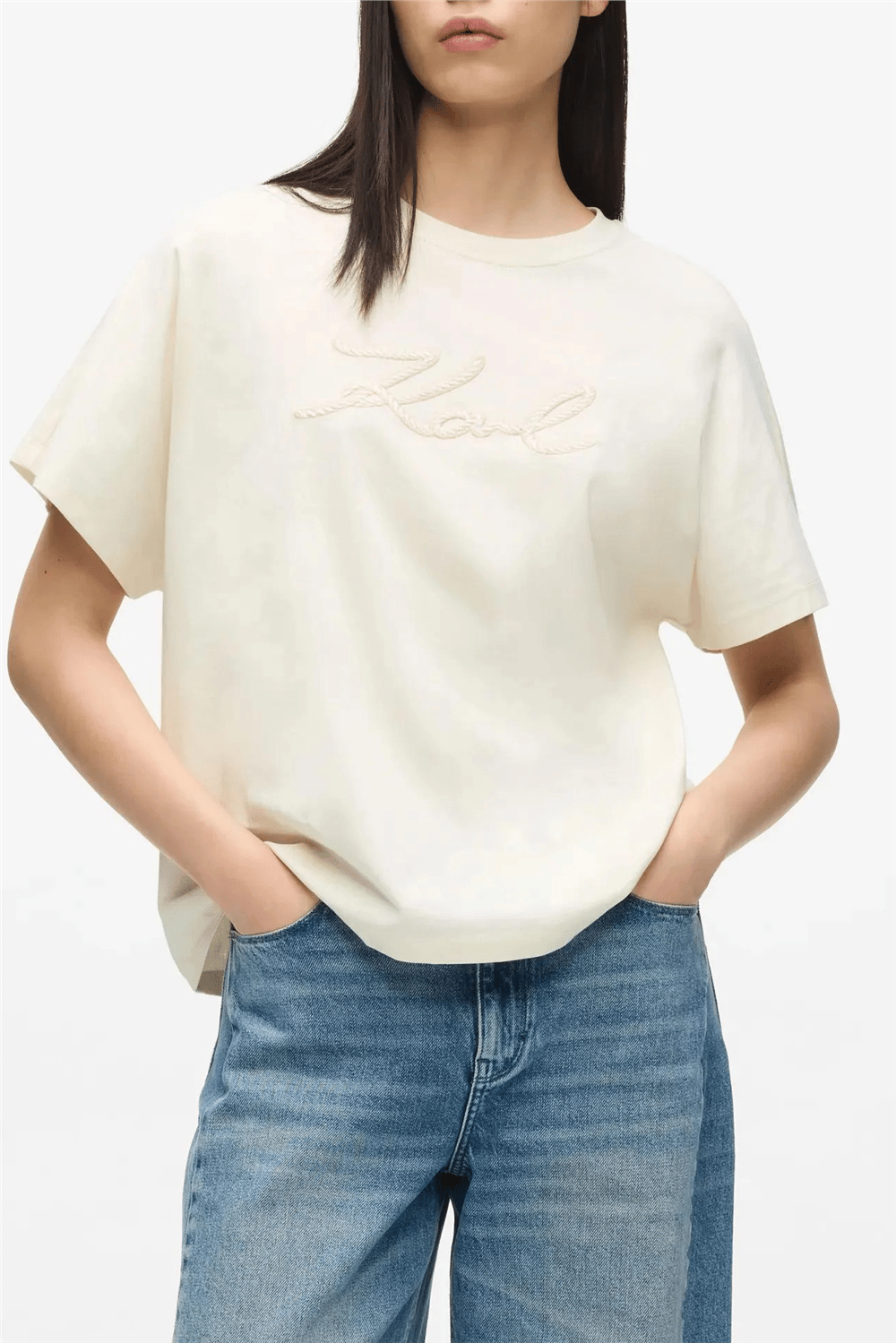Karl Lagerfeld Rope Logo T-Shirt Kadın Bisiklet Yaka T-Shirt Krem