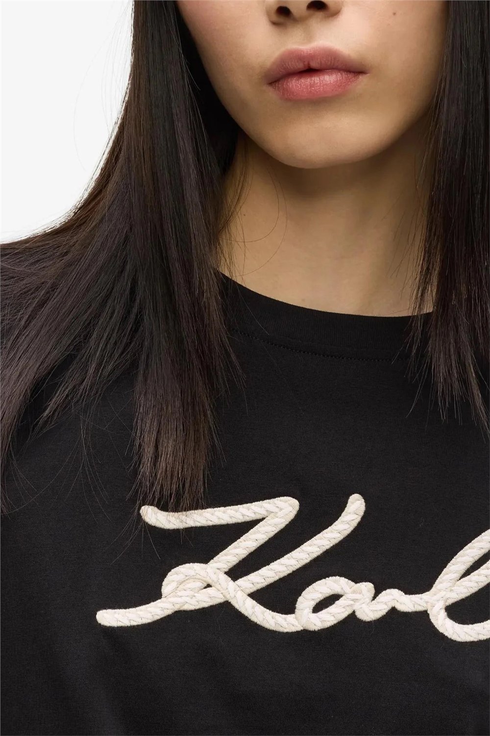 Karl Lagerfeld Rope Logo T-Shirt Kadın Bisiklet Yaka T-Shirt Siyah