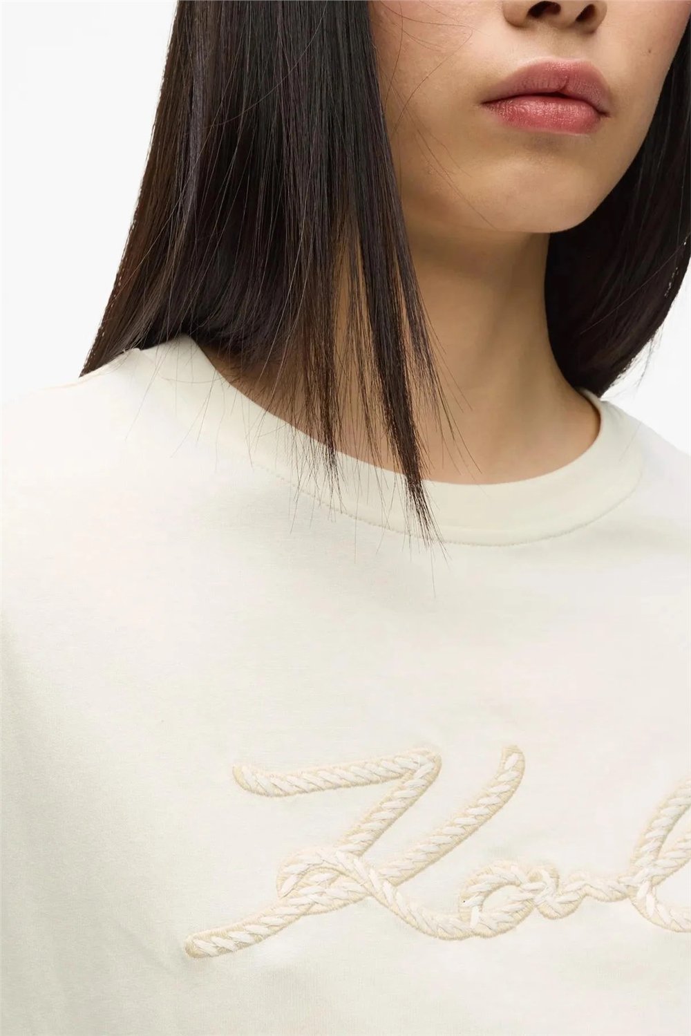 Karl Lagerfeld Rope Logo T-Shirt Kadın Bisiklet Yaka T-Shirt Krem