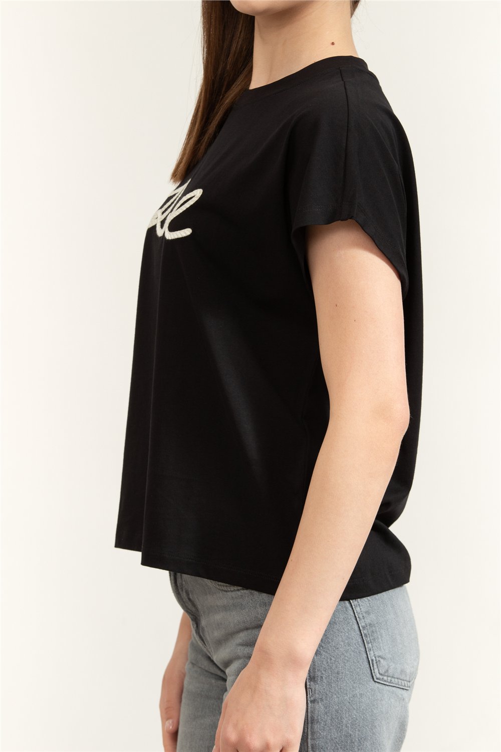 Karl Lagerfeld Rope Logo T-Shirt Kadın Bisiklet Yaka T-Shirt Siyah