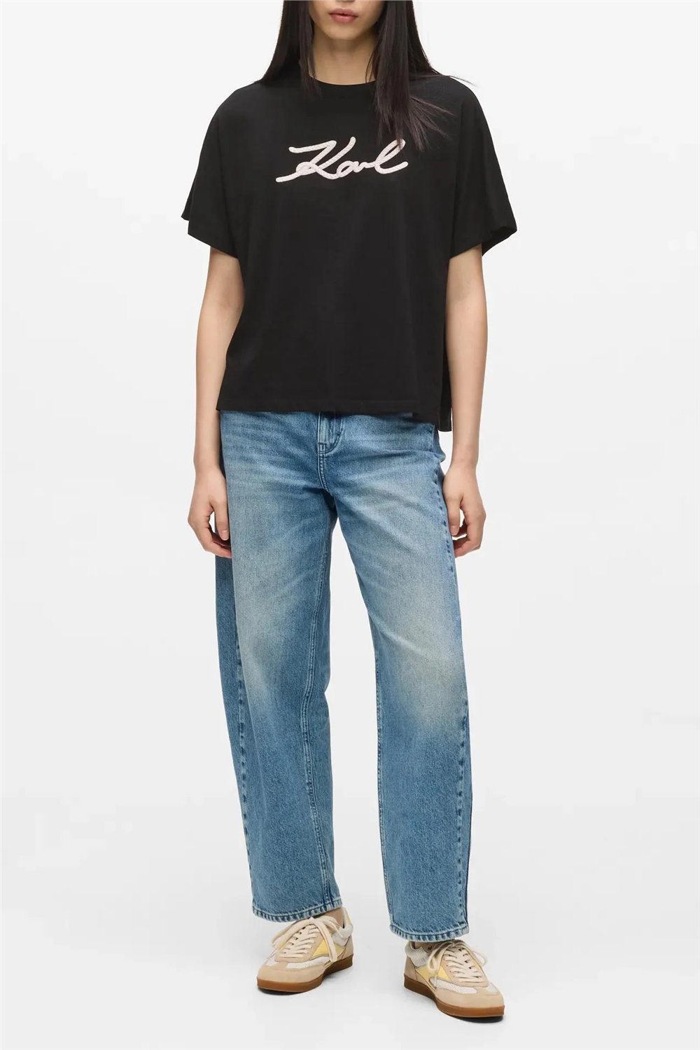 Karl Lagerfeld Rope Logo T-Shirt Kadın Bisiklet Yaka T-Shirt Siyah