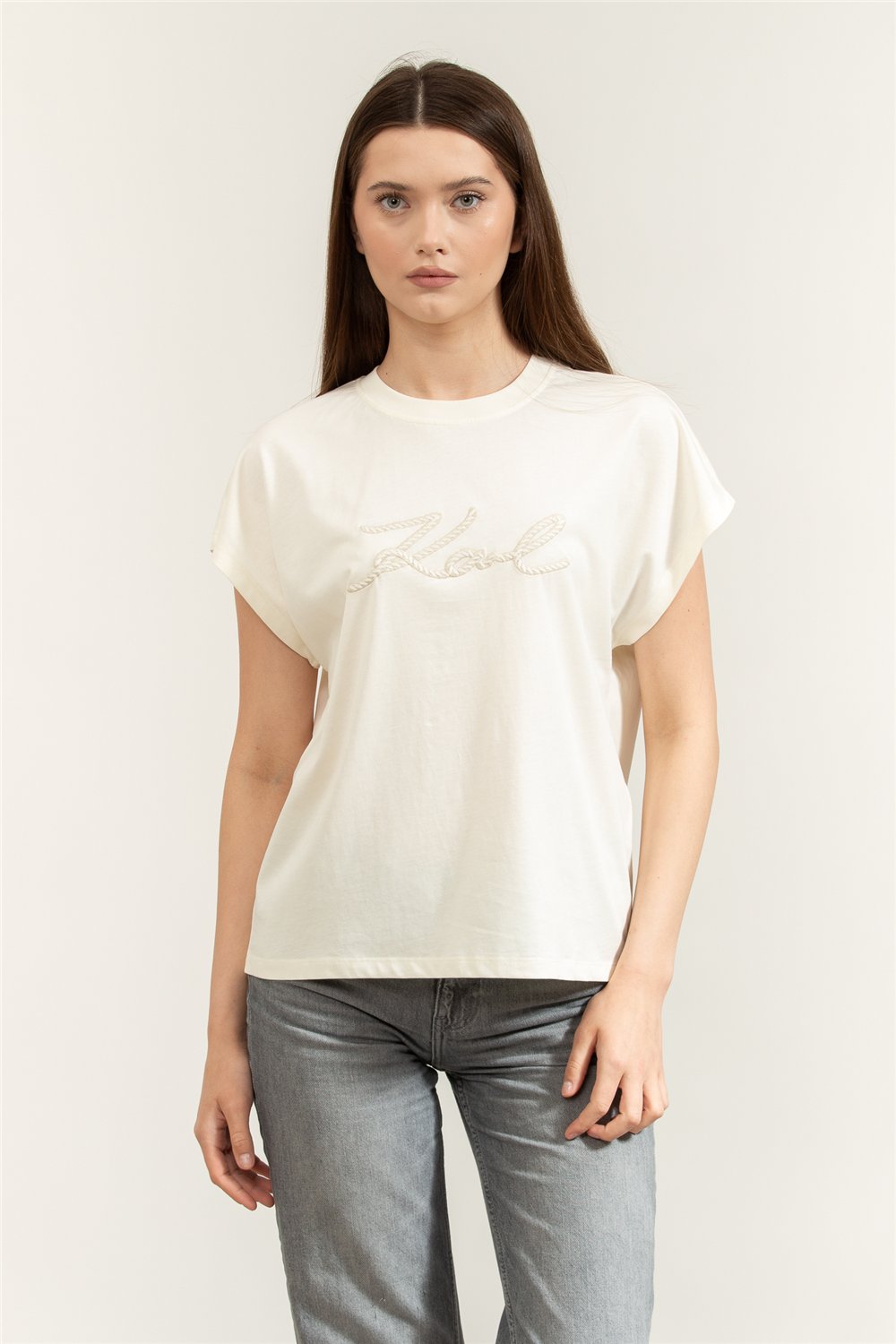 Karl Lagerfeld Rope Logo T-Shirt Kadın Bisiklet Yaka T-Shirt Krem