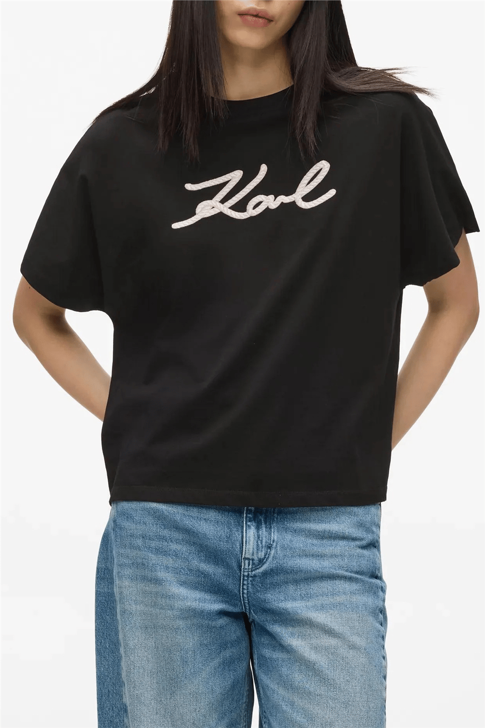 Karl Lagerfeld Rope Logo T-Shirt Kadın Bisiklet Yaka T-Shirt Siyah