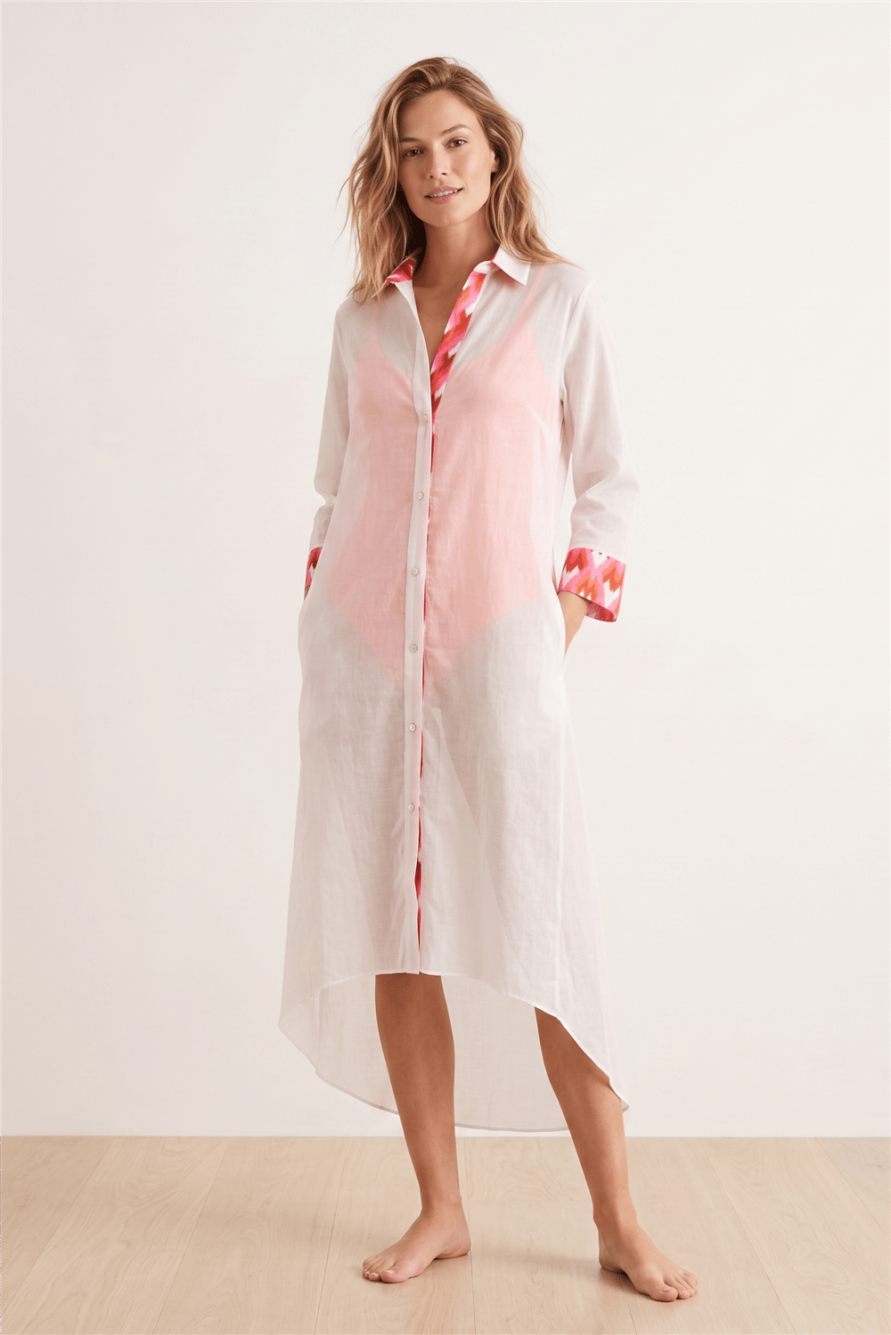 Lalamia Kadın Vual Baskılı Uzun Patlı Gömlek Elbise Beyaz