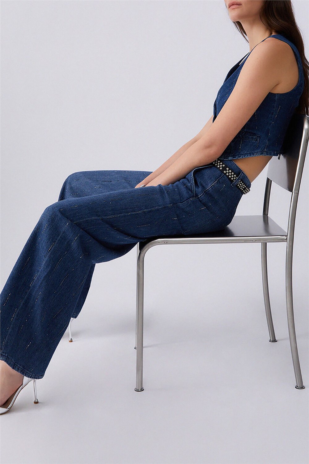 Liu Jo Pant.Flare Strass Reg.W. Kadın Jean Pantolon Mavi