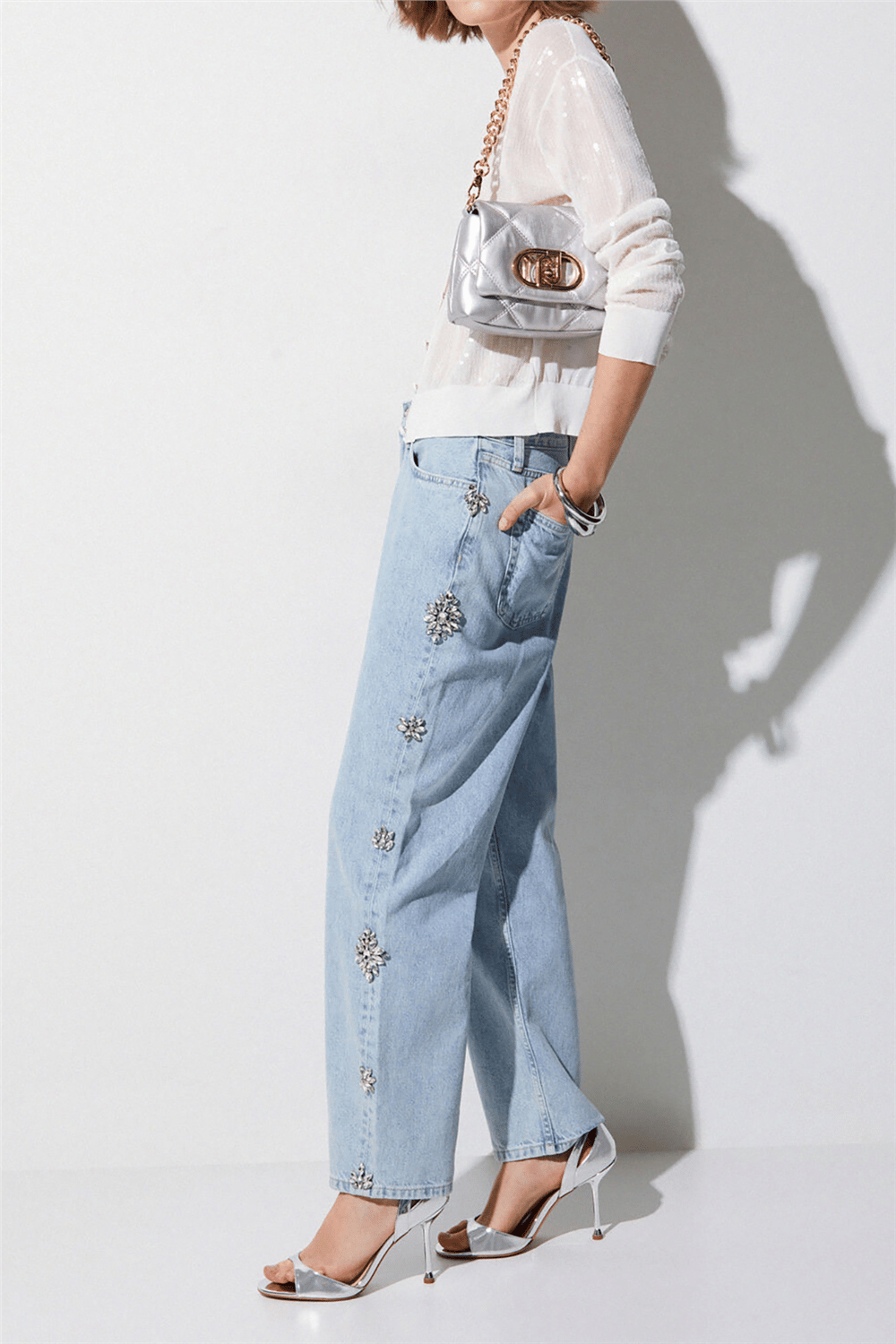 Liu Jo Pant.Straight Studs H.W. Kadın Jean Pantolon Mavi