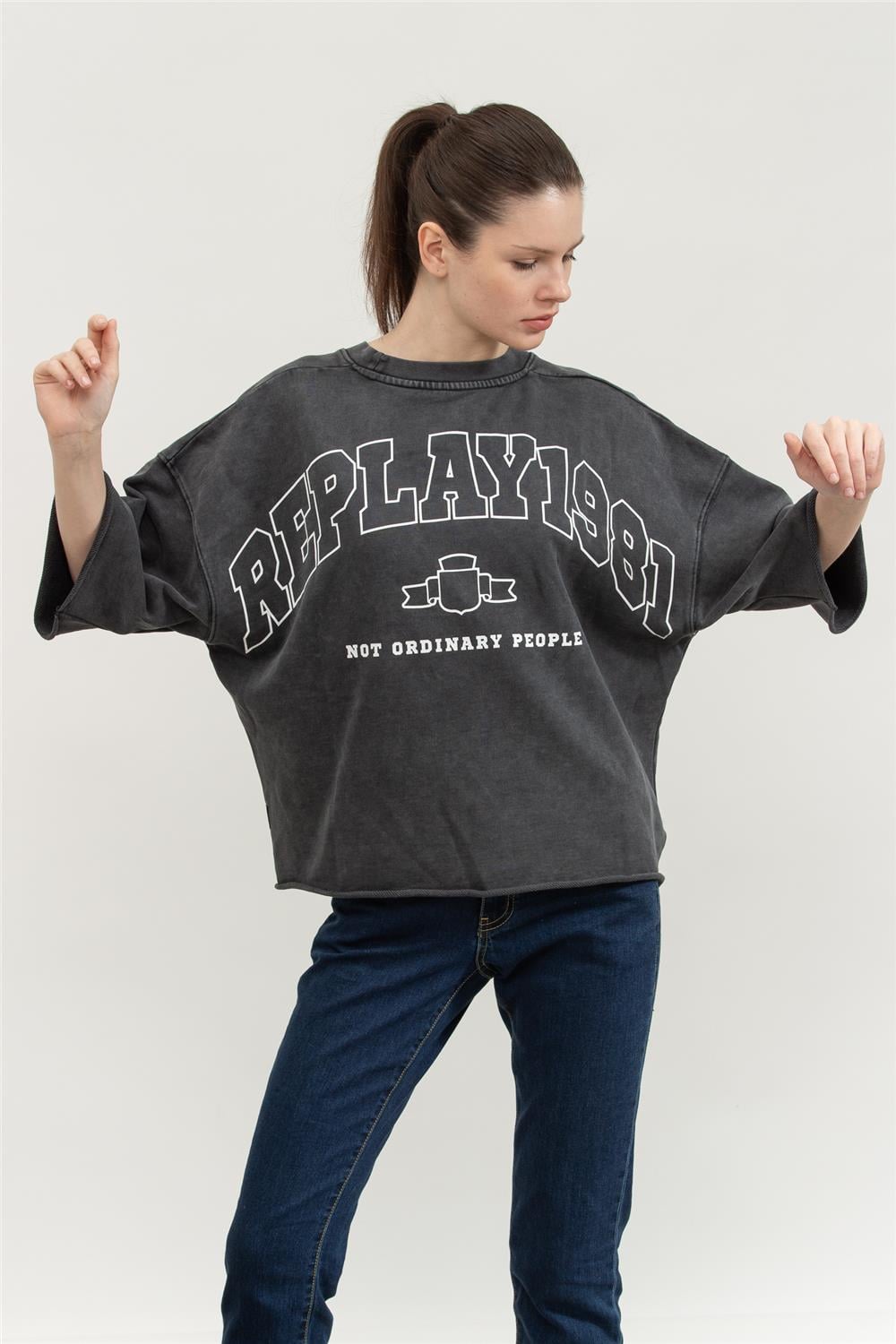 Replay Comfort Fit Kadın Bisiklet Yaka Sweatshirt Siyah