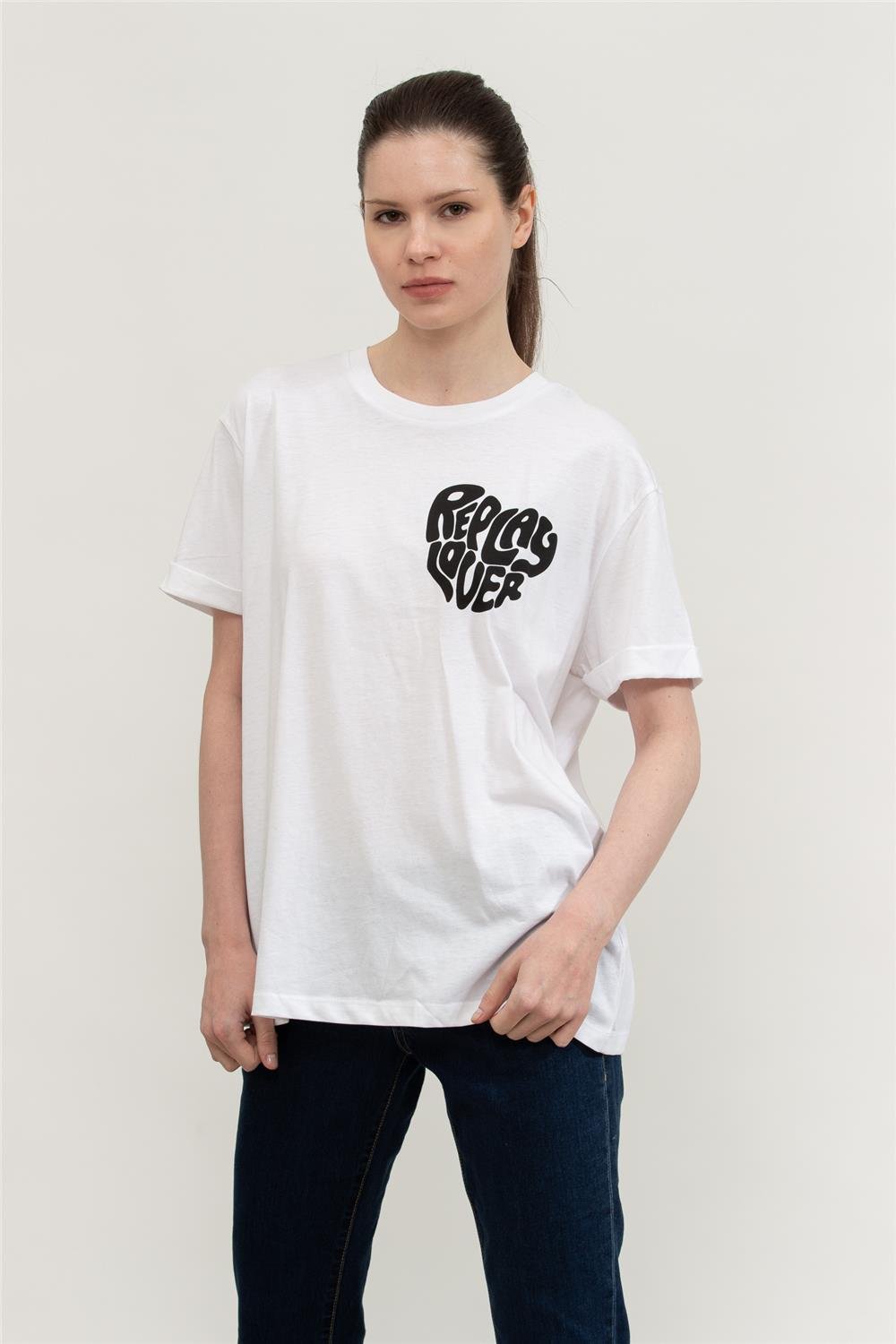 Replay Over Kadın Bisiklet Yaka T-Shirt Beyaz