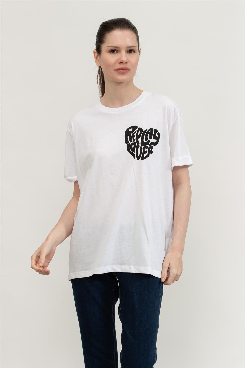 Replay Over Kadın Bisiklet Yaka T-Shirt Beyaz