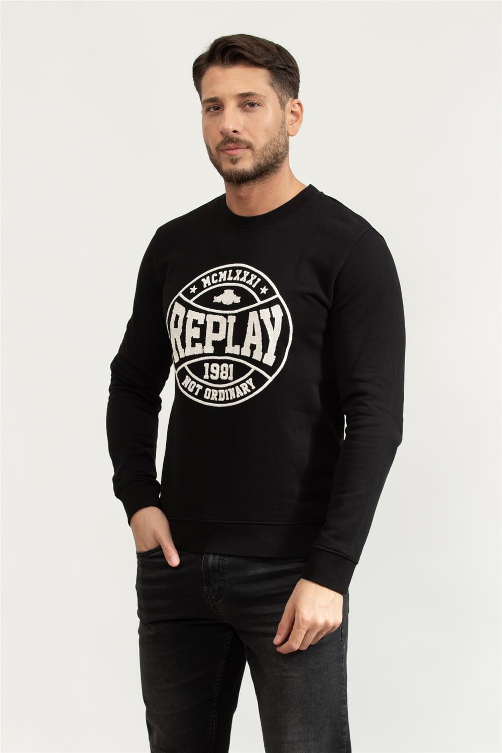 Replay Regular Erkek Bisiklet Yaka Sweatshirt Siyah