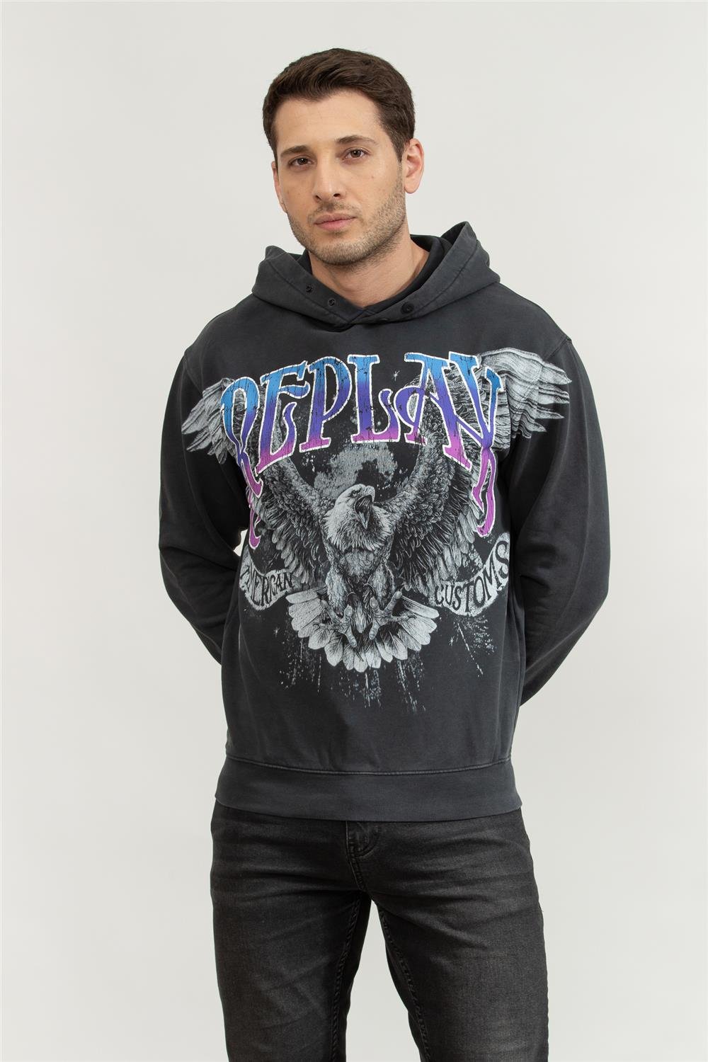 Replay Regular Erkek Kapüşonlu Sweatshirt Siyah