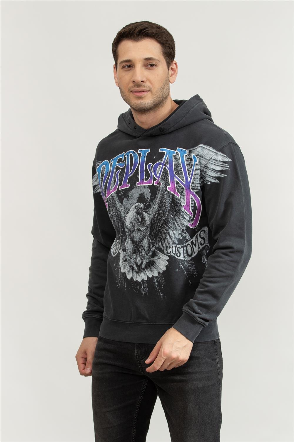 Replay Regular Erkek Kapüşonlu Sweatshirt Siyah