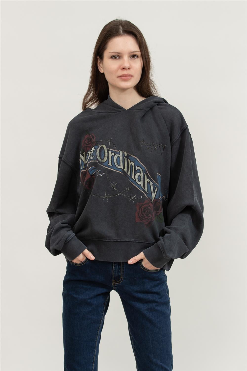 Replay Regular Kadın Kapüşonlu Sweatshirt Siyah