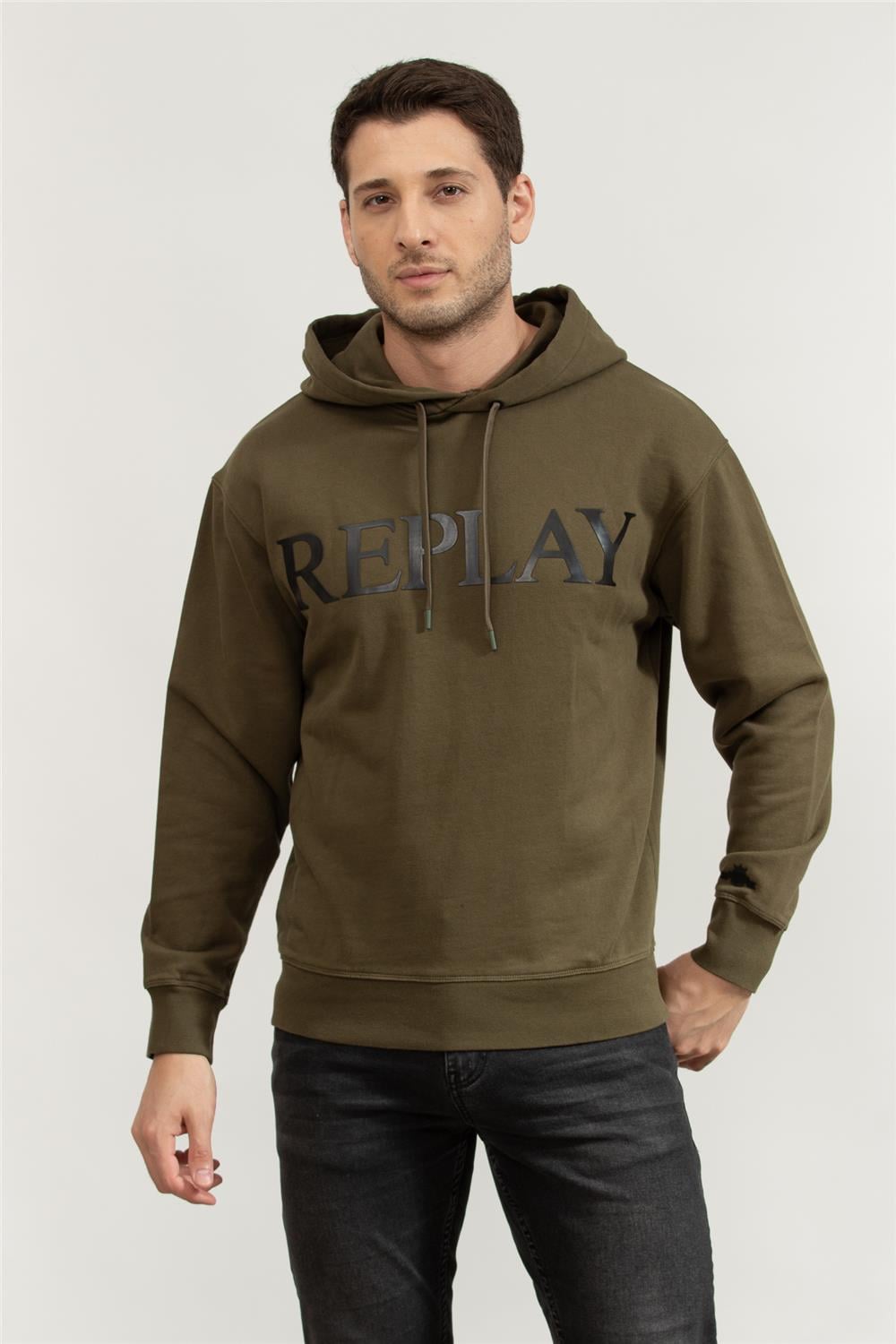 Replay Relaxed Erkek Kapüşonlu Sweatshirt Yeşil