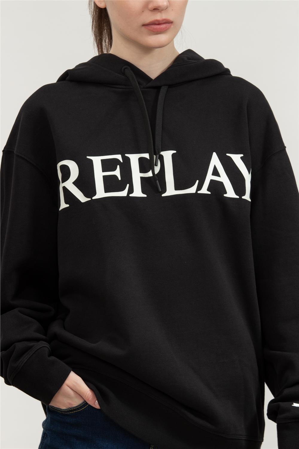 Replay Relaxed Erkek Kapüşonlu Sweatshirt Siyah