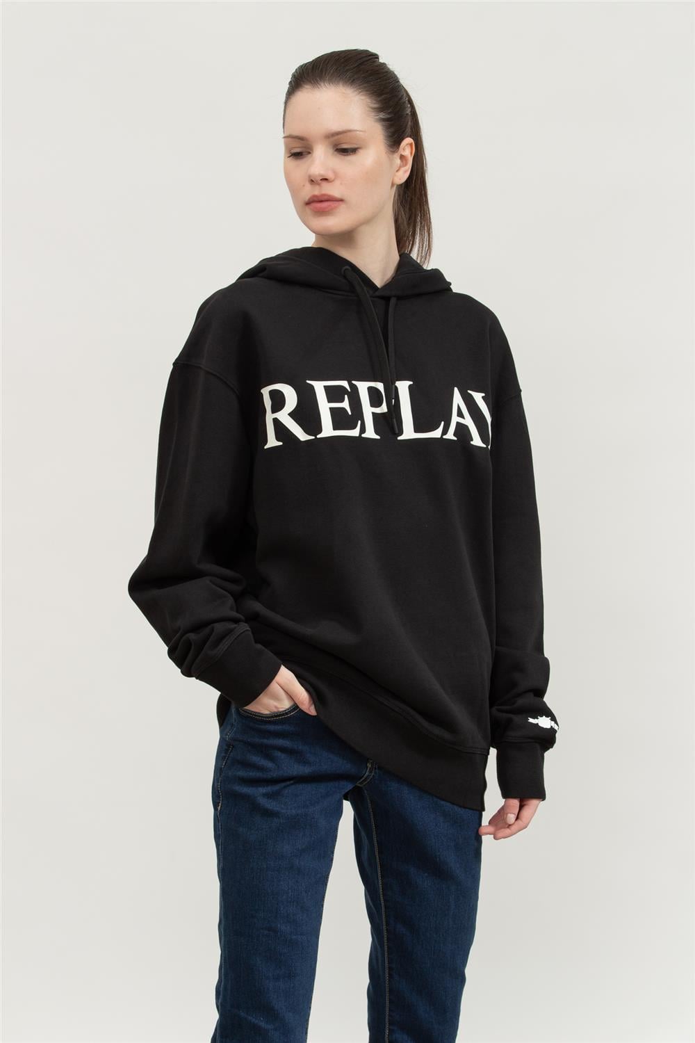 Replay Relaxed Erkek Kapüşonlu Sweatshirt Siyah