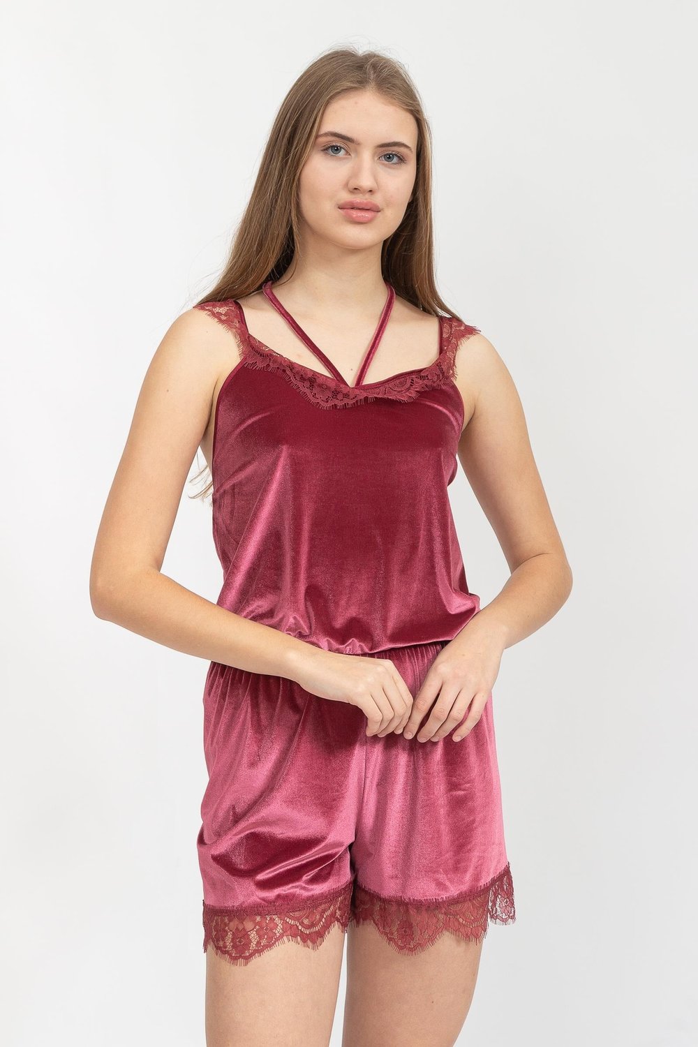 Rosaleen Kadife Şortlu Kadın Pijama Takımı Bordo