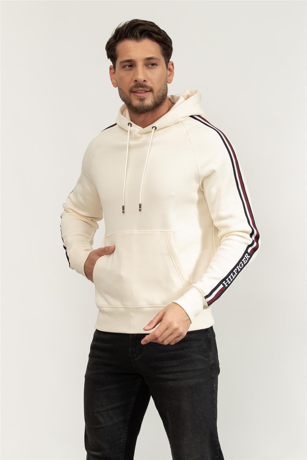 Tommy Hilfiger Global Stripe Erkek Kapüşonlu Sweatshirt Bej