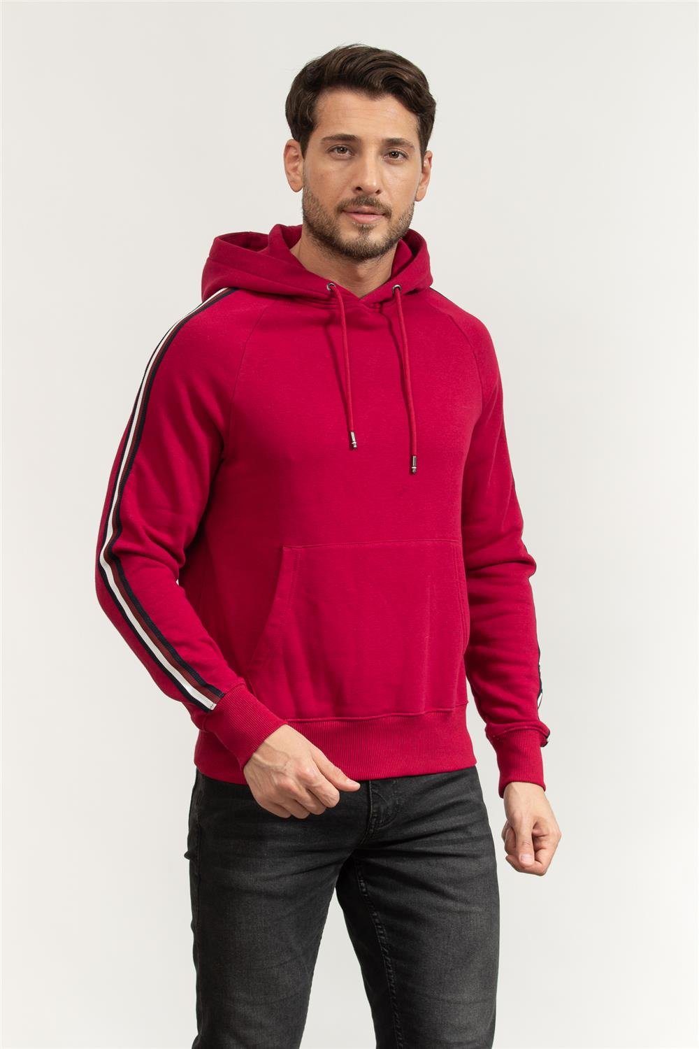 Tommy Hilfiger Global Stripe Erkek Kapüşonlu Sweatshirt Kırmızı