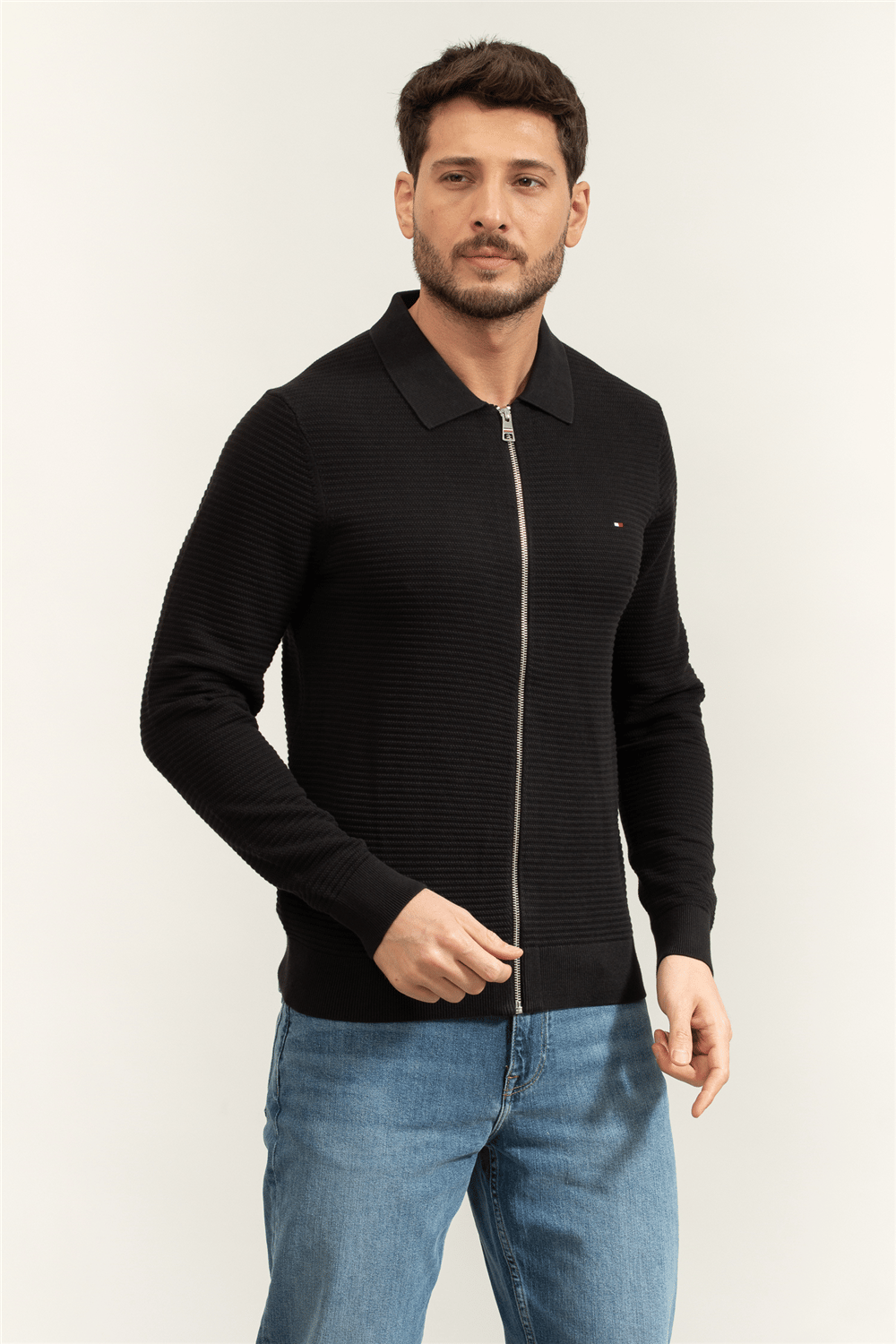Tommy Hilfiger Seasonal Structure Zip Thru Polo Erkek Polo Yaka Triko