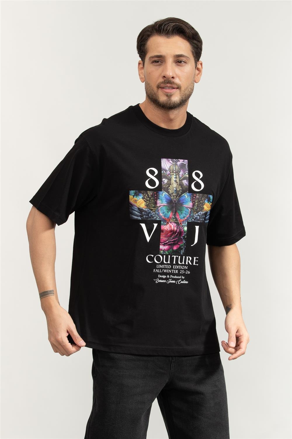 Versace Jeans Couture Cotton Jersey Erkek Bisiklet Yaka T-Shirt Siyah